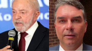 Pesquisa eleitoral: montagem com Lula à frente e Flávio Bolsonaro em seguida, em imagens lado a lado indicando o primeiro turno.