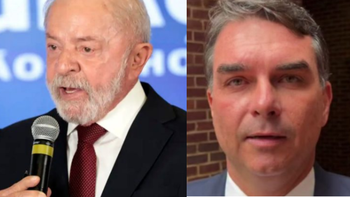 Pesquisa eleitoral: montagem com Lula à frente e Flávio Bolsonaro em seguida, em imagens lado a lado indicando o primeiro turno.