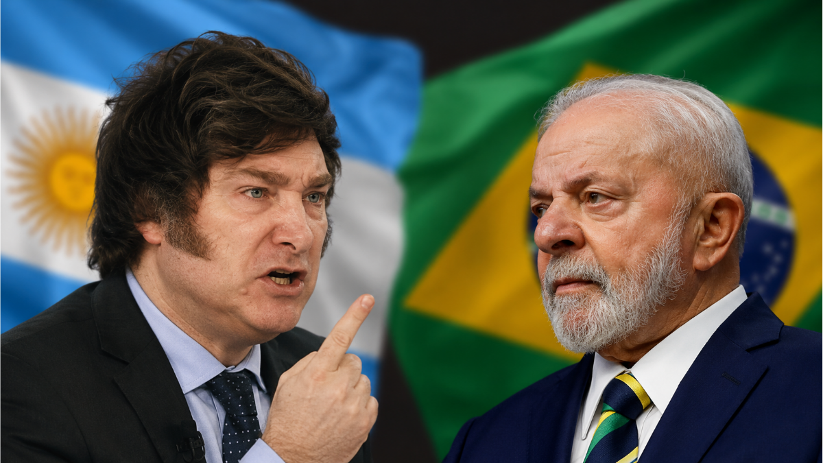 Milei ataca Lula em foto de dois líderes políticos em frente às bandeiras da Argentina e do Brasil, com Milei apontando e Lula ao lado em postura séria.