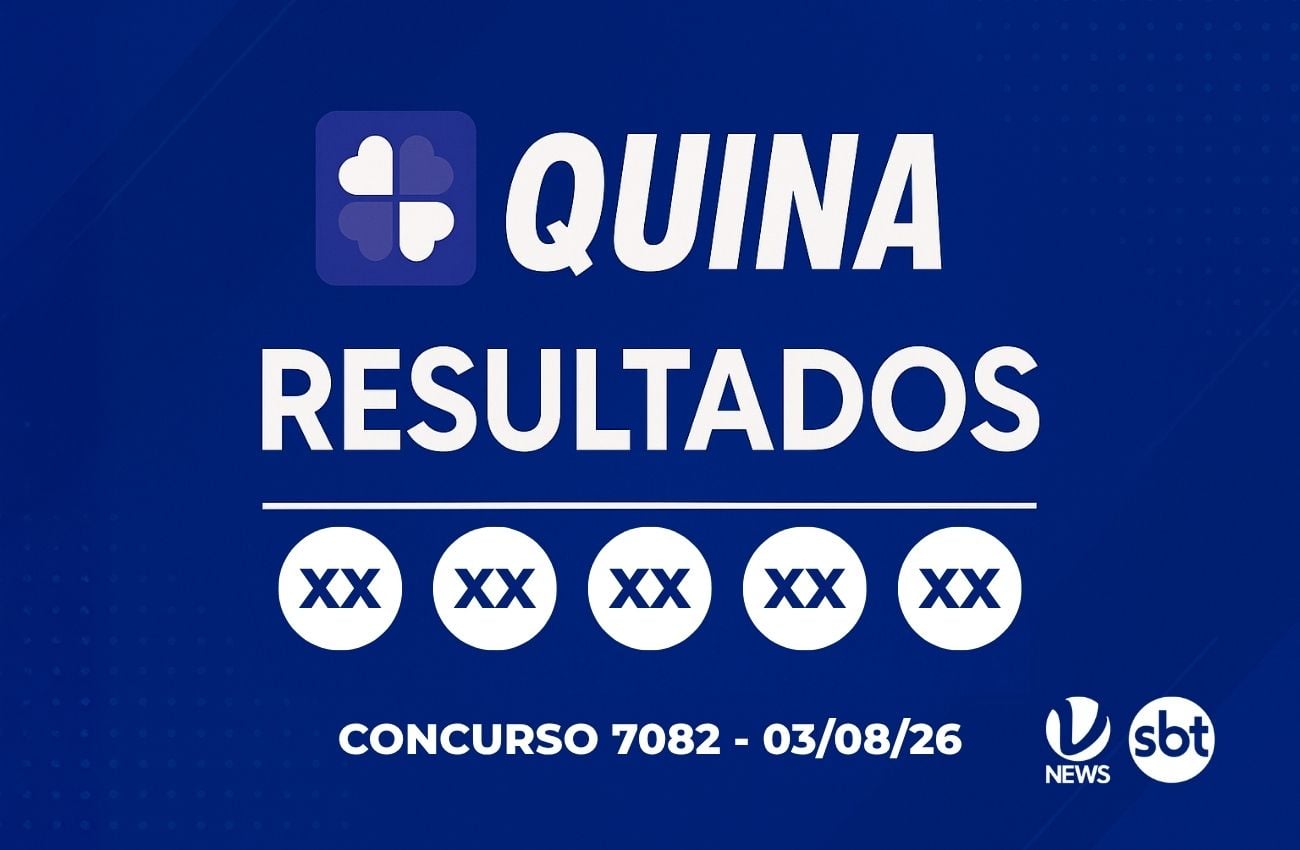 Quina 7082: banner de resultados do concurso 7082 com data 03/08/26, números exibidos como XX e logotipo Quina, SBT News e SBT.