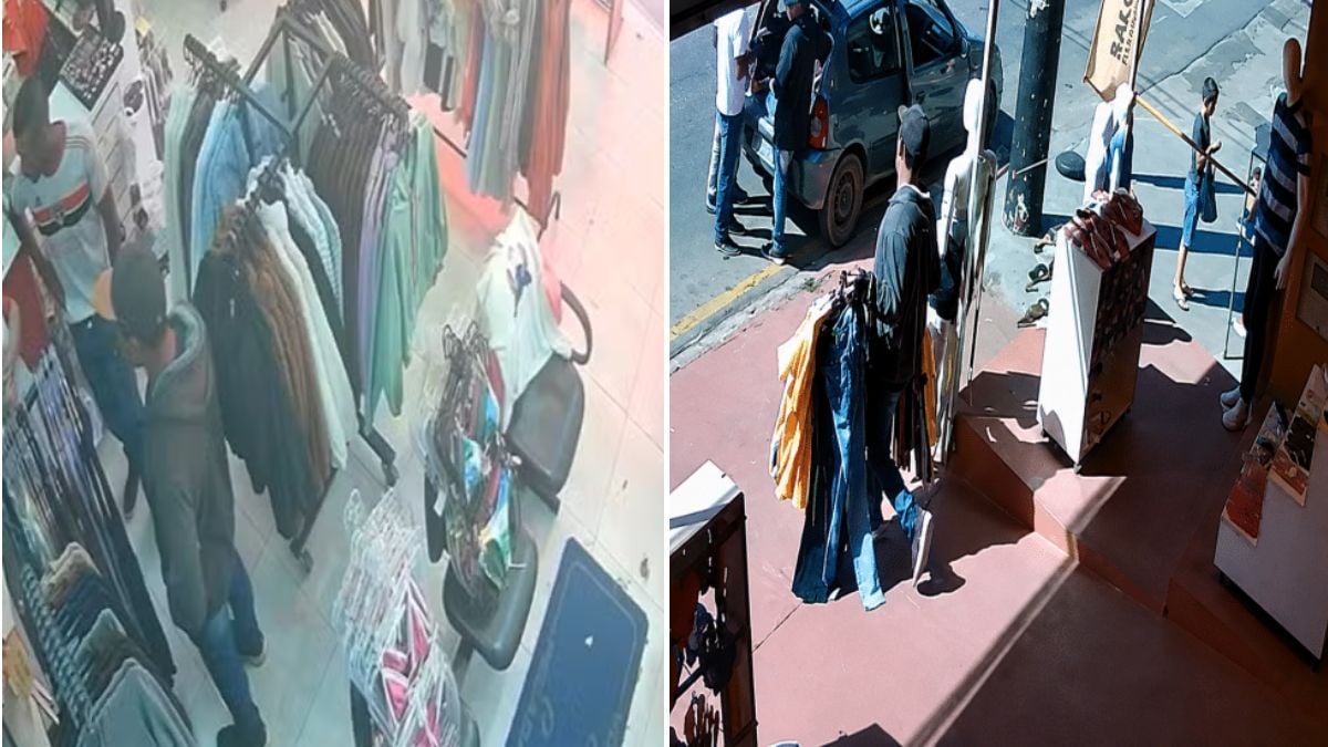 assalto em loja de Campinas: Imagens de câmera de segurança mostram um assalto em loja, com suspeitos no interior de um estabelecimento e caixas e produtos espalhados, em Campinas.