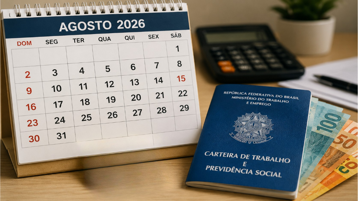 Calendário de Agosto 2026 com destaque para o quinto dia útil de agosto 2026, ao lado de calculadora e carteira de trabalho e previdência social, em ambiente de escritório