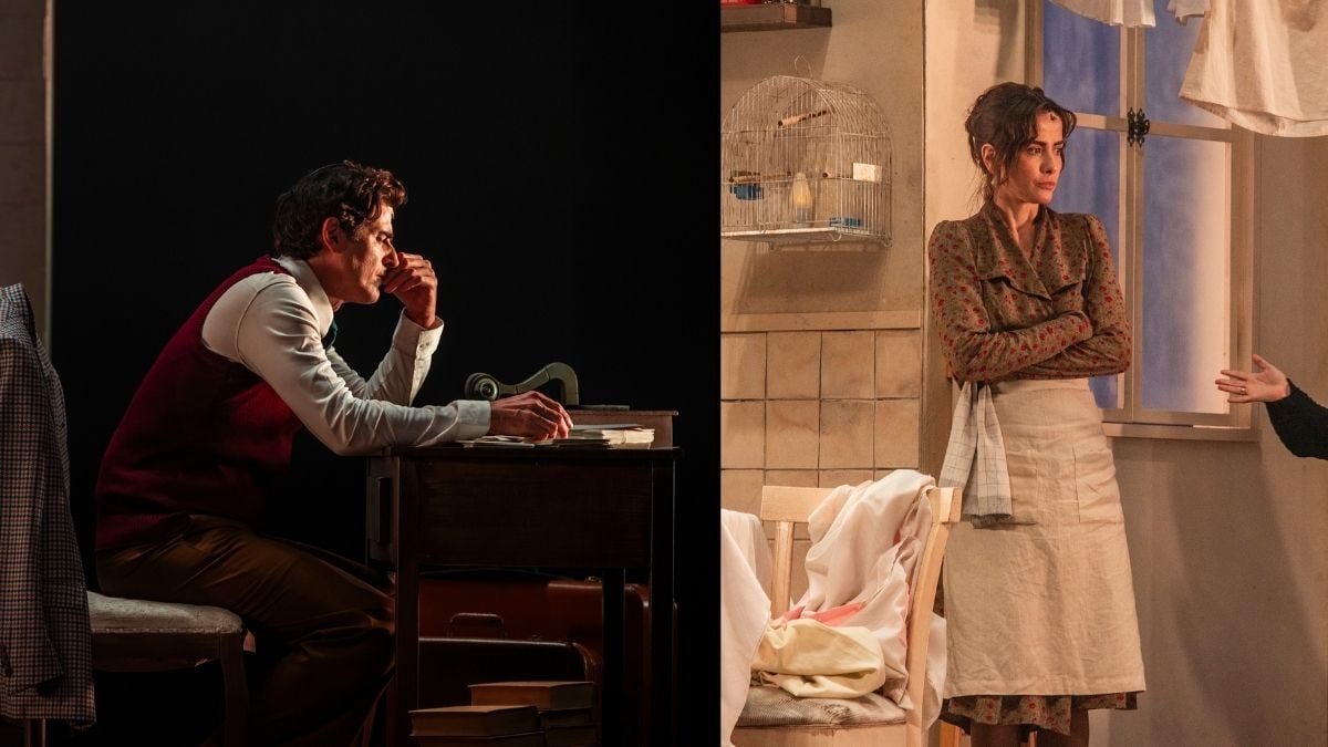 Reynaldo Gianecchini e Maria Casadevall em “Um Dia Muito Especial” em Campinas, em cena teatral no palco, com um homem sentado e uma mulher em pé.