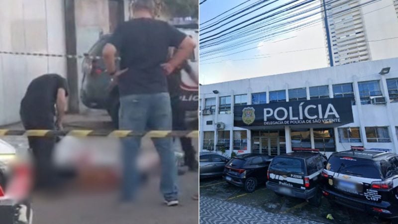Imagens mostram agentes e uma cena de investigação após um Homem morto São Vicente, com viaturas e prédio da Polícia ao fundo indicando ocorrência no local.