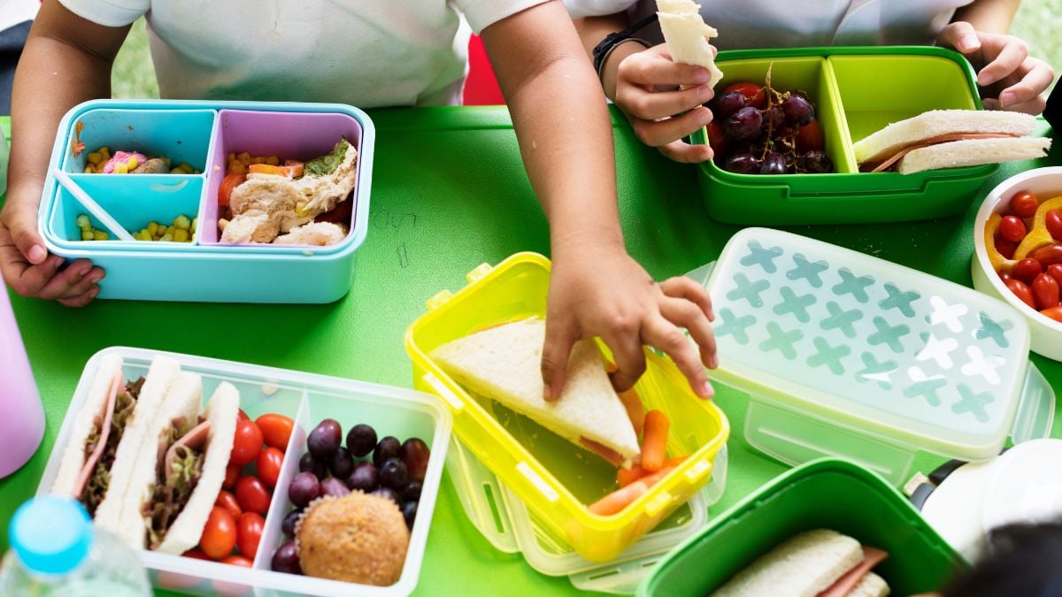 Volta às aulas: crianças montam lanches saudáveis na lancheira, com sanduíches, frutas e legumes separados em potes coloridos
