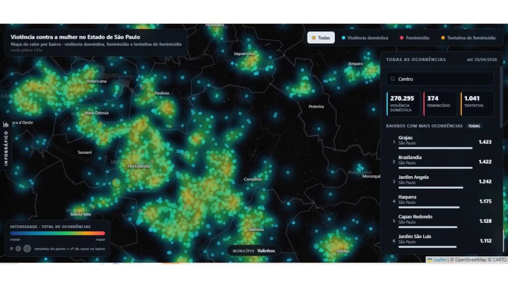 medida protetiva lei maria da penha: Mapa interativo da distribuição de registros de violência contra a mulher na região de Campinas até abril de 2026, com números por tipos de ocorrência e fonte Mapa da Mulher SP.