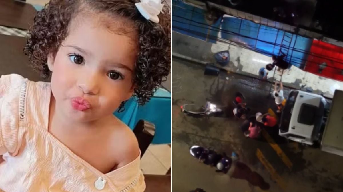Falta d'água Guarujá: foto dividida mostra uma criança em primeiro plano e, ao lado, cena de atendimento durante incêndio com equipe de resgate em via pública.