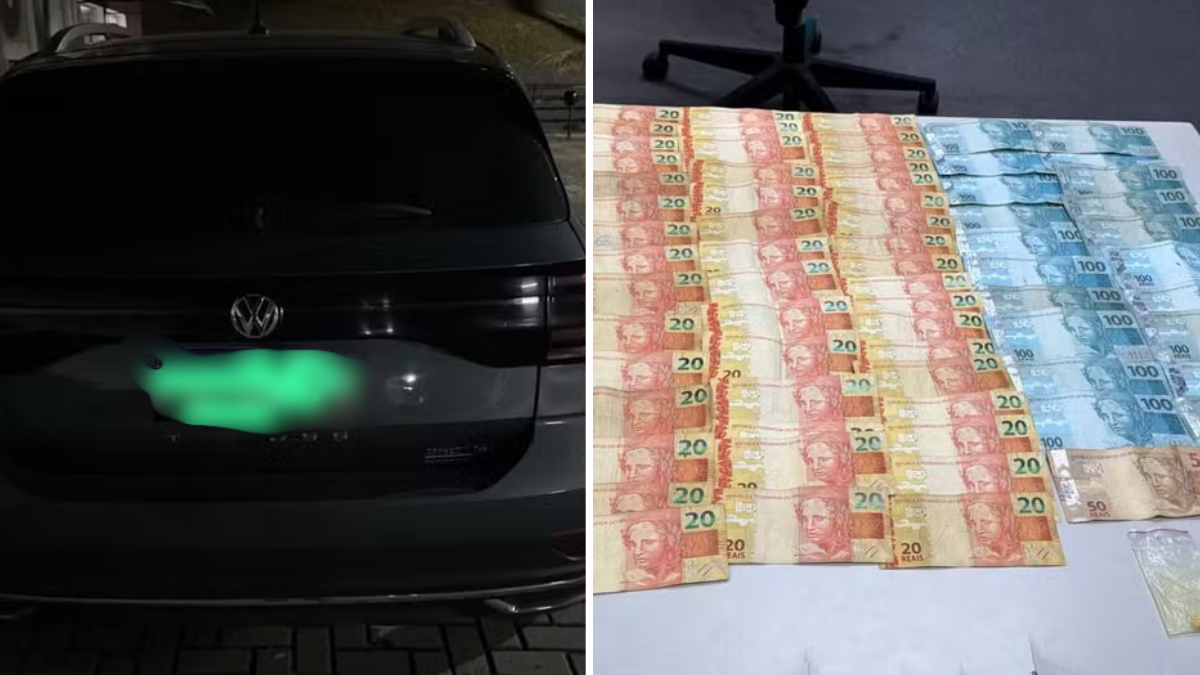 Registro da abordagem policial durante uma fuga entre Valinhos e Campinas, com veículo Volkswagen ao fundo e maços de cédulas brasileiras apreendidos, incluindo comerciante detido pela GCM ao final da ocorrência.