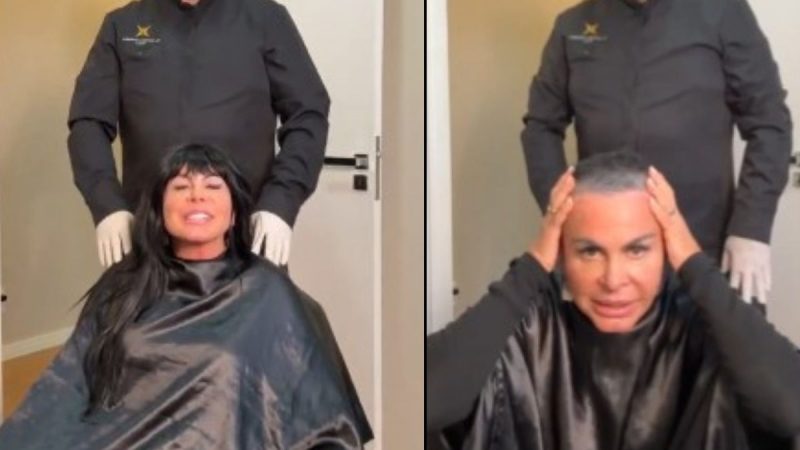 Gretchen revela tratamento contra alopecia e raspa o cabelo ao vivo, em fotos lado a lado no estúdio, mostrando o cabelo antes e depois da raspagem.