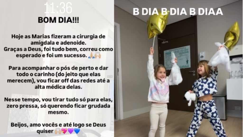 Virginia Fonseca e Zé Felipe em registro no Instagram, com duas crianças em casa após cirurgia e balões, enquanto a postagem informa que Virginia ficaria afastada das redes para acompanhar a recuperação das filhas.
