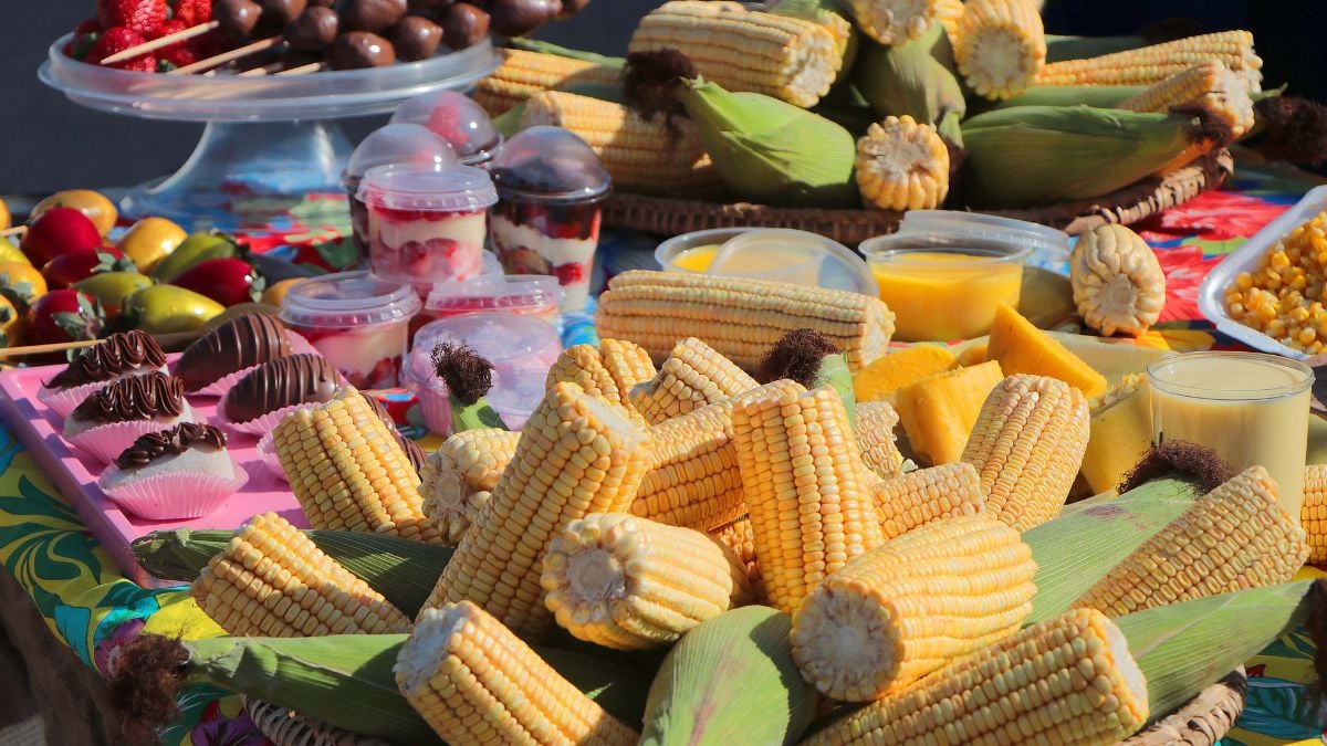 Milho verde, doces e frutas em bandejas em um evento gastronômico ao ar livre, com clima de Festival do Milho Verde Campinas em Campinas.