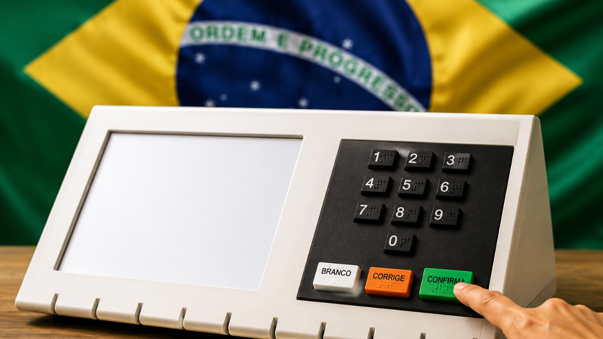 Urna eletrônica com bandeira do Brasil ao fundo, em contexto de combate a desinformação eleitoral nas eleições 2026, com alerta contra fake news eleitorais do TRE-SP.