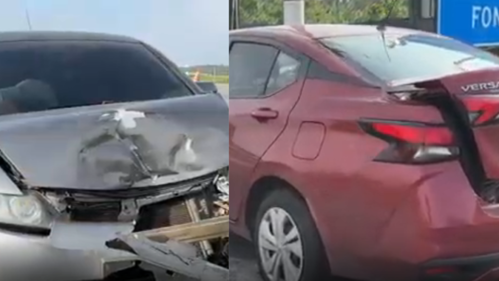 Colisão com cinco carros na Via Anchieta em Cubatão deixa veículos danificados e parados na pista após o acidente; carros com danos na imagem em um cenário de tráfego interrompido e possível neblina.