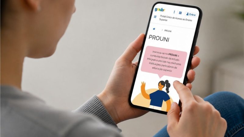 Pessoa usando celular com a tela exibindo o site do Prouni, com mensagem de informações sobre o programa. Resultado da 2ª chamada do Prouni 2026 em destaque