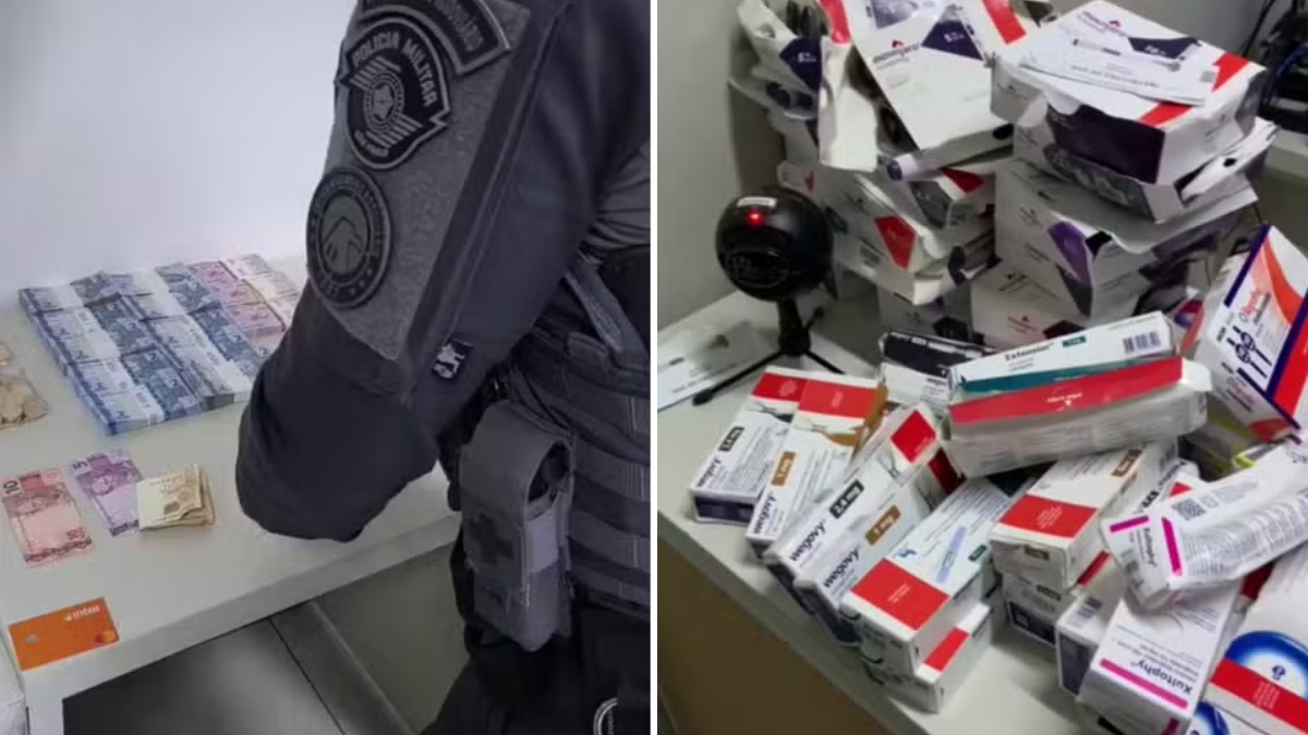 roubo em farmácia Campinas: imagens mostram suspeito com dinheiro em mãos e, em seguida, caixas e medicamentos espalhados após a ação criminosa, com desorganização no interior do local