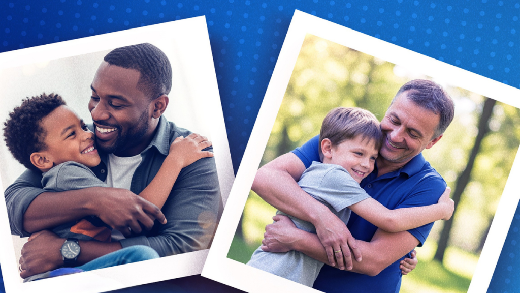 Procon Campinas Dia dos Pais: pessoas em fotos com pai e filho em clima familiar, com orientação para comparar preços antes da data comemorativa.