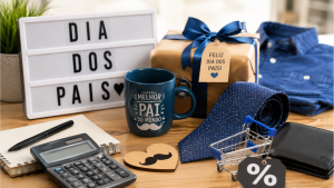 Procon Campinas Dia dos Pais: mesa com presentes para o Dia dos Pais, como caneca “Melhor Pai do Mundo”, camisa dobrada, calculadora e sinal de porcentagem, em imagem ilustrativa de comparação de preços.