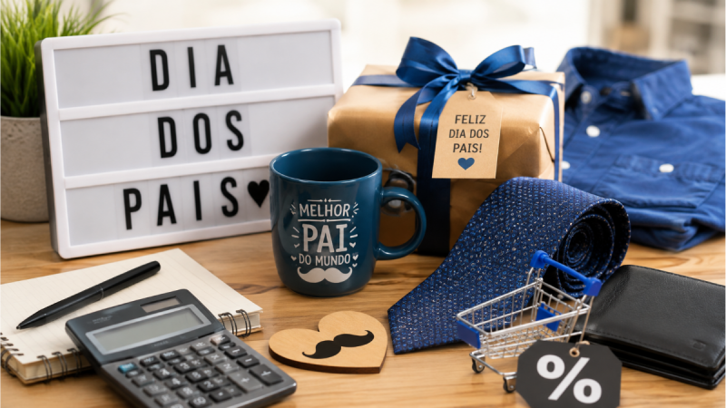 Procon Campinas Dia dos Pais: mesa com presentes para o Dia dos Pais, como caneca “Melhor Pai do Mundo”, camisa dobrada, calculadora e sinal de porcentagem, em imagem ilustrativa de comparação de preços.