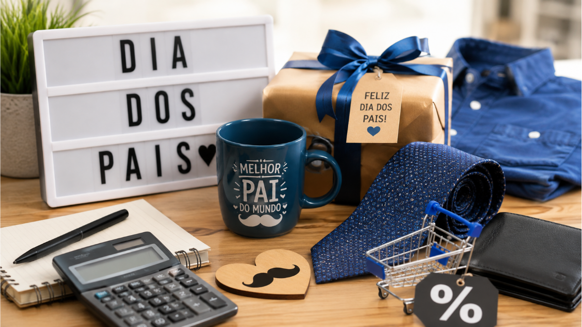 Procon Campinas Dia dos Pais: mesa com presentes para o Dia dos Pais, como caneca “Melhor Pai do Mundo”, camisa dobrada, calculadora e sinal de porcentagem, em imagem ilustrativa de comparação de preços.