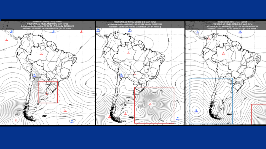 Monitoramento do ciclone feito pelo Inmet em mapas de previsão meteorológica, com imagens em sequência (Figuras 1, 2 e 3) mostrando o ciclone bomba.