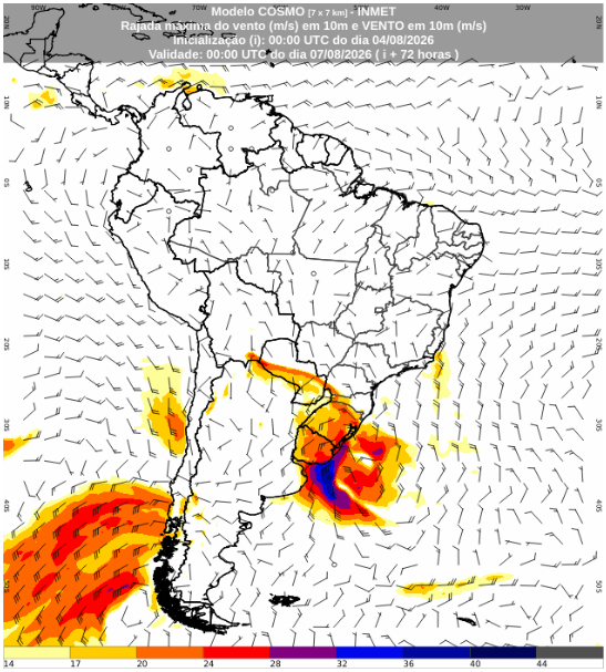 Mapa meteorológico do INMET mostrando monitoramento da formação do ciclone bomba no Brasil, com áreas coloridas de intensidade e setas de vento indicando direção e velocidade.