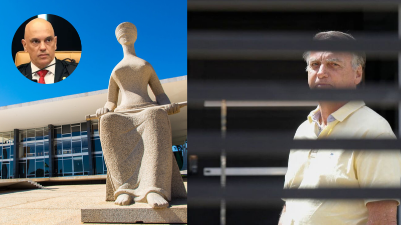 Imagem sobre STF e restrições Bolsonaro: estátua de uma justiça em frente ao prédio do tribunal e, em segundo plano, Bolsonaro em foto recortada sob barras, com referência à decisão de Moraes.
