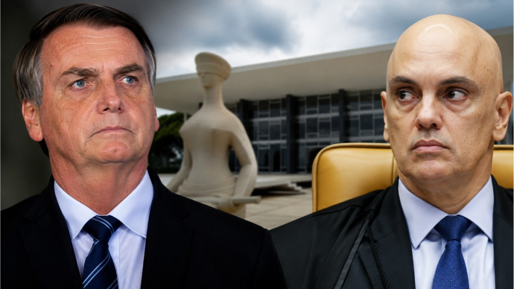 Jair Bolsonaro em imagem ilustrativa ao lado de Alexandre de Moraes, em cenário do STF, representando recurso sobre restrições Bolsonaro aguardando decisão.