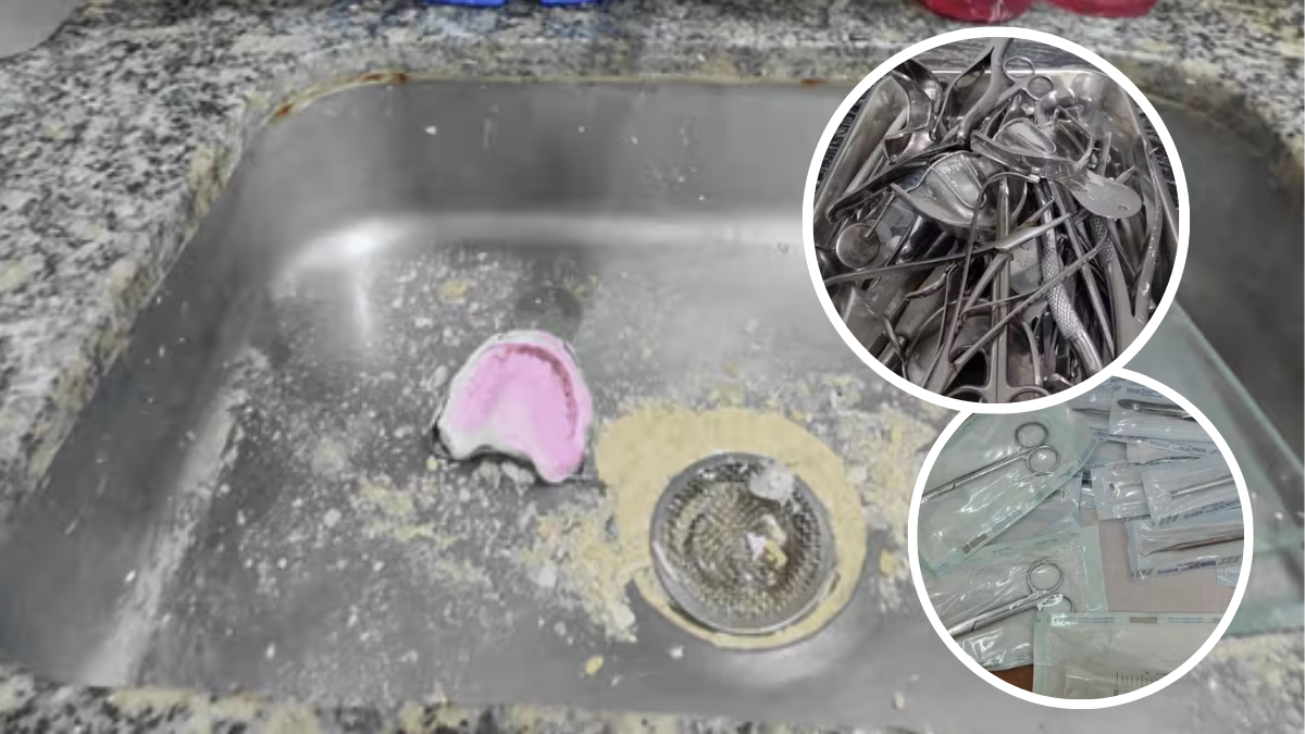 Imagens mostram instrumentos e materiais odontológicos em uma cuba e em caixas, com detalhes ampliados em círculos sobre a interdição e fiscalização de consultórios odontológicos interditados em Campinas.