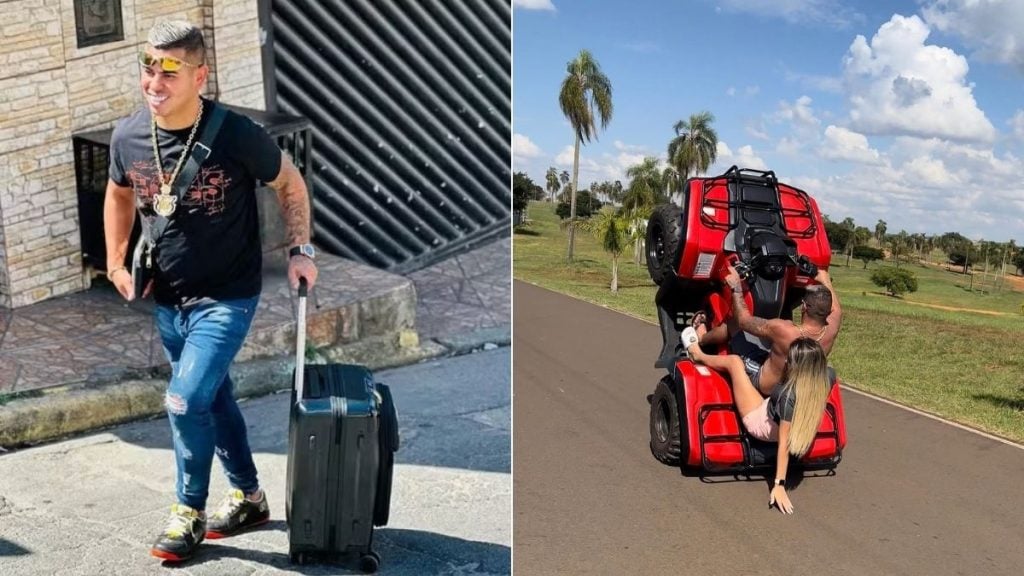 Influenciador condenado em 100 mil: Justiça condena influenciador por promover encontros com manobras perigosas no litoral de SP; imagem mostra homem em viagem e um veículo motorizado vermelho em estrada com pessoas próximas