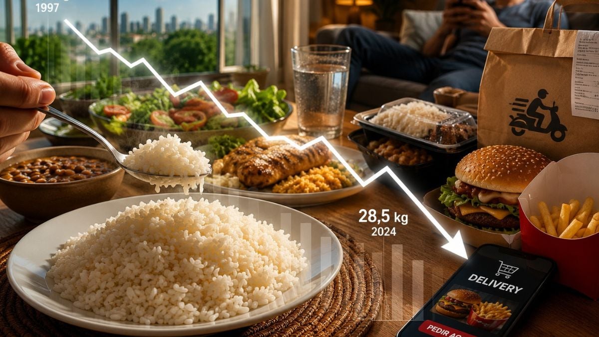 Mesa com refeições como arroz, hambúrguer e frango, com gráfico em queda e texto sobre consumo de arroz no Brasil despencando mais de 40% em 27 anos