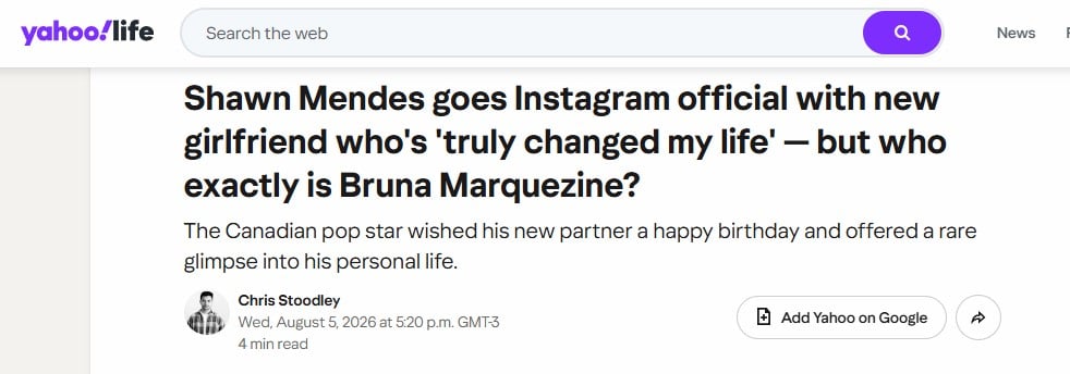 Notícia no Yahoo Life sobre a relação de Bruna Marquezine e Shawn Mendes, com chamada destacando: “Shawn Mendes goes Instagram official” e pergunta “who exactly is Bruna Marquezine?”.