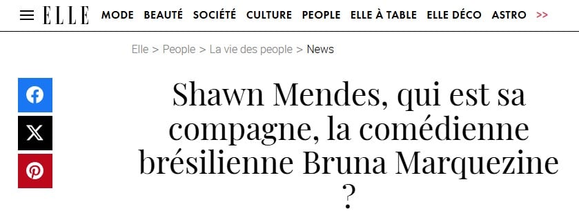 Manchete da revista Elle em francês com referência ao romance de Bruna Marquezine com Shawn Mendes, citando a comediante brasileira.