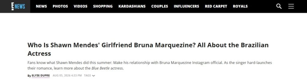 Notícia sobre o romance de Bruna Marquezine e Shawn Mendes, com manchete em site de entretenimento internacional destacando a atriz brasileira e o cantor.