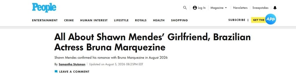 A captura de tela de uma matéria da People sobre o romance de Bruna Marquezine com Shawn Mendes, com título “All About Shawn Mendes’ Girlfriend, Brazilian Actress Bruna Marquezine”.