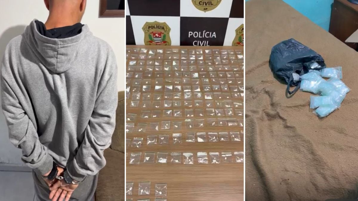 Imagem em três quadros: homem com as mãos algemadas, material apreendido com diversas porções de drogas e saco plástico com entorpecentes, em Piracicaba, após investigação de suspeito de abastecer tráfico em Piracicaba.