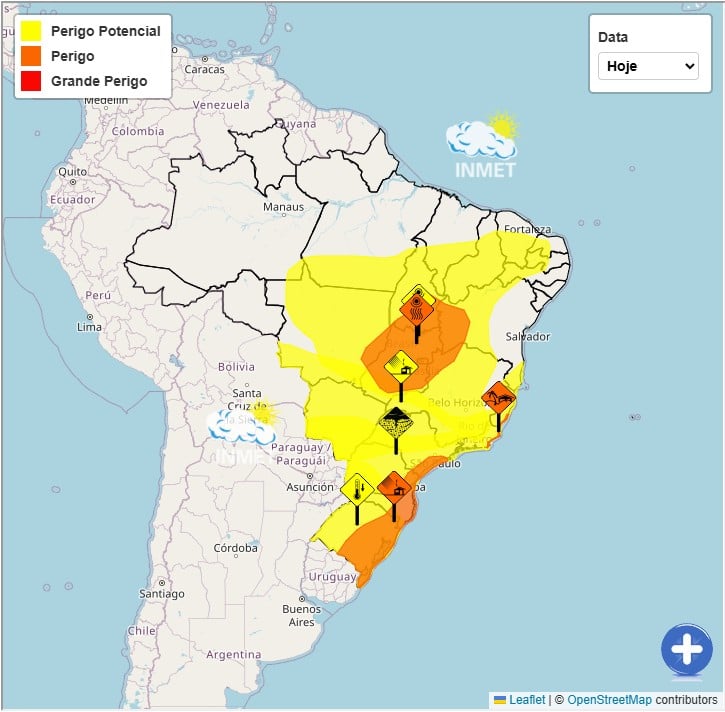 Mapa do Brasil com alertas meteorológicos do Inmet para 7/8/2026, destacando áreas em risco potencial e grande perigo com ícones e cores de perigo.