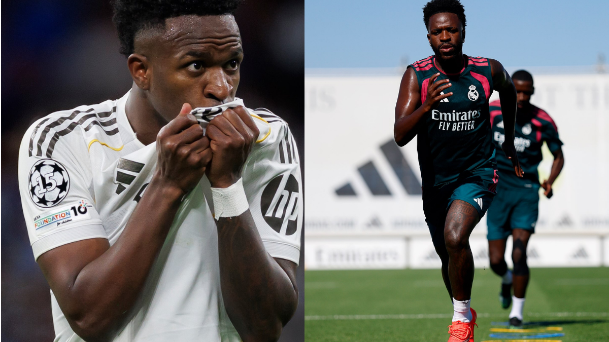 Vini Jr. em campo em duas fotos, com imagem de atleta e camisa do Real Madrid; destaque para o Jogador brasileiro mais bem pago do mundo e ranking completo.