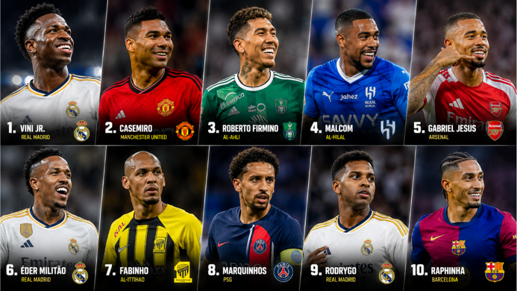 Jogador brasileiro mais bem pago: Vini Jr. aparece em destaque em um ranking com outros atletas brasileiros em fotos no futebol, em imagem ilustrativa.