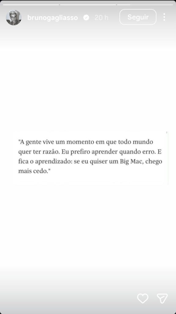 Story do Instagram do ator Bruno Gagliasso com citação em destaque: “A gente vive um momento em que todo mundo quer ter razão...”. Reprodução