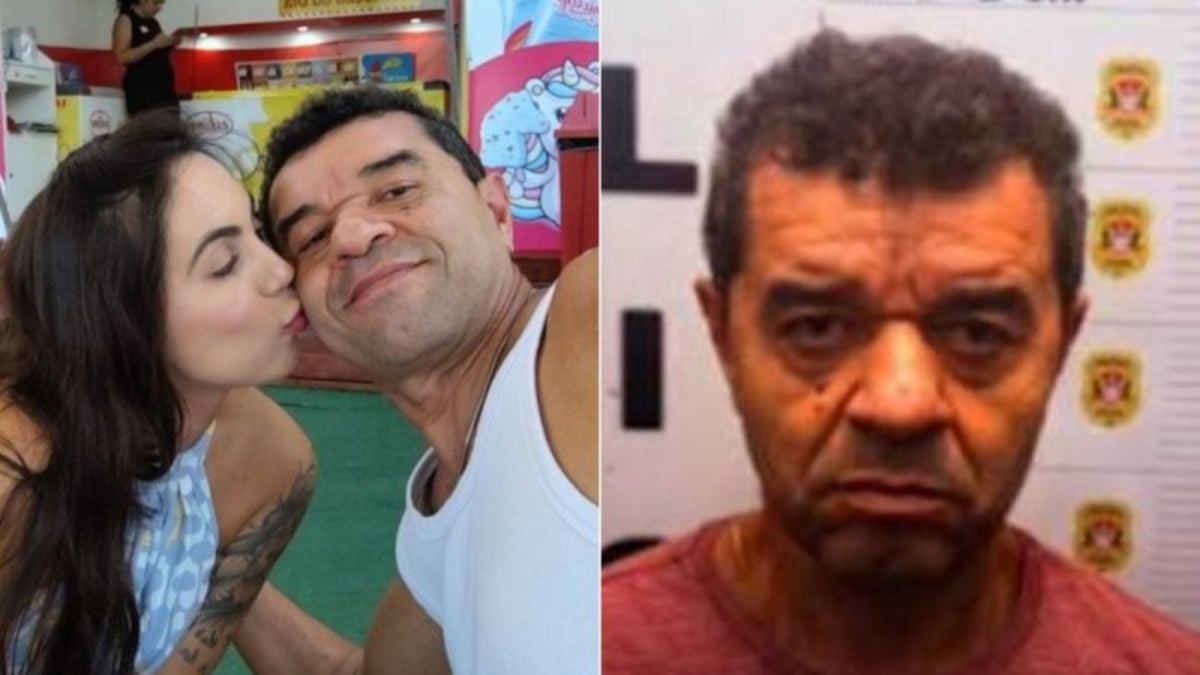 Colagem de duas imagens de tribunal e investigação: casal abraçado em clima de afeto à esquerda e, à direita, foto de rosto do acusado em delegacia, em caso relacionado a Réu feminicídio São Vicente, com justiça aceitando denúncia por morte de ex-companheira.