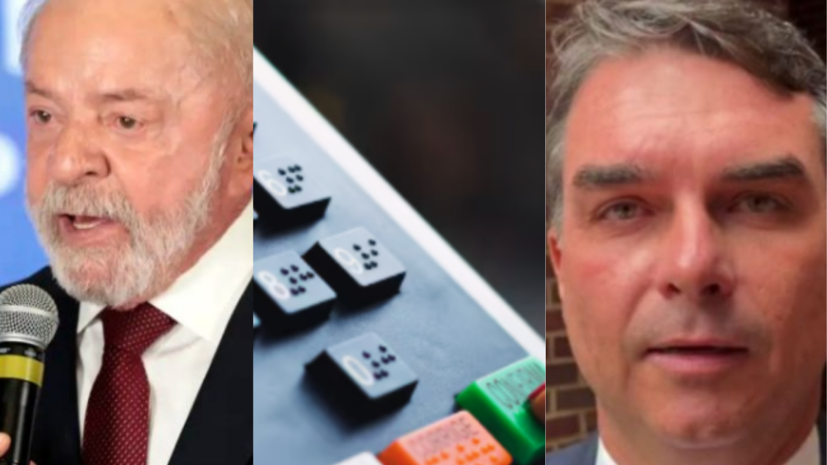 Imagem com montagem política: Lula aparece à frente de Flávio Bolsonaro em uma disputa presidencial, com referência ao BTG /Nexus na chamada da matéria.