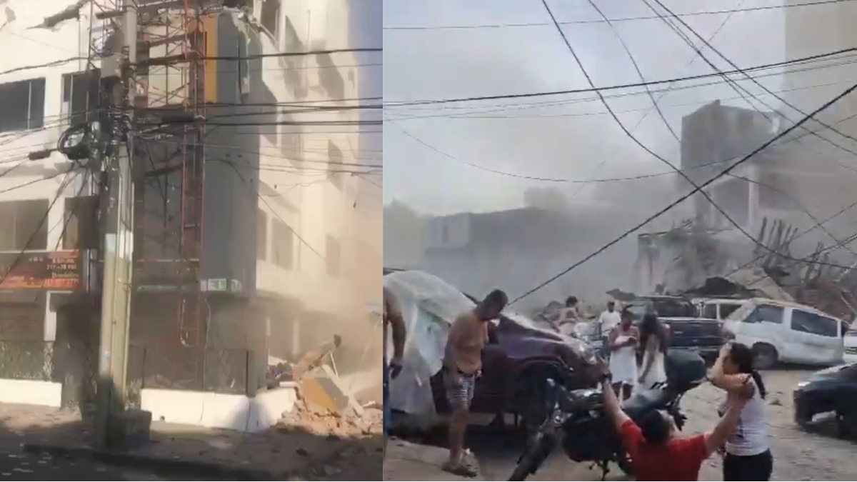 Terremoto na Colômbia: imagem mostra fumaça e poeira após abalo, com pessoas em meio a carros e escombros na rua, ao lado de danos em estruturas