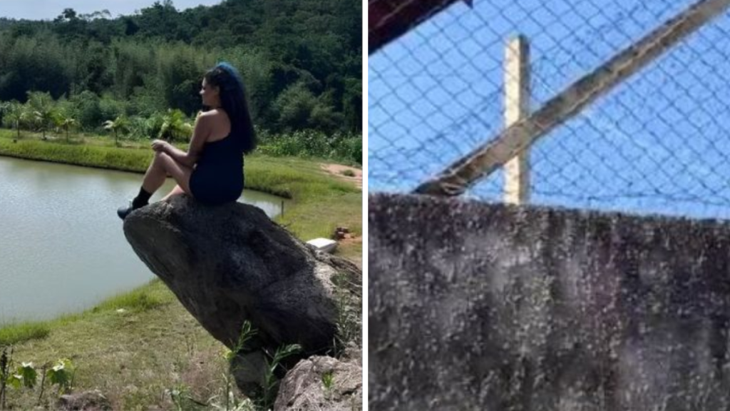 feminicídio em Valinhos: Eliane do Carmo Pereira, 42 anos, aparece em foto ao ar livre às margens de um lago, enquanto ao lado há imagem de uma cerca em tela metálica (Foto: Reprodução)