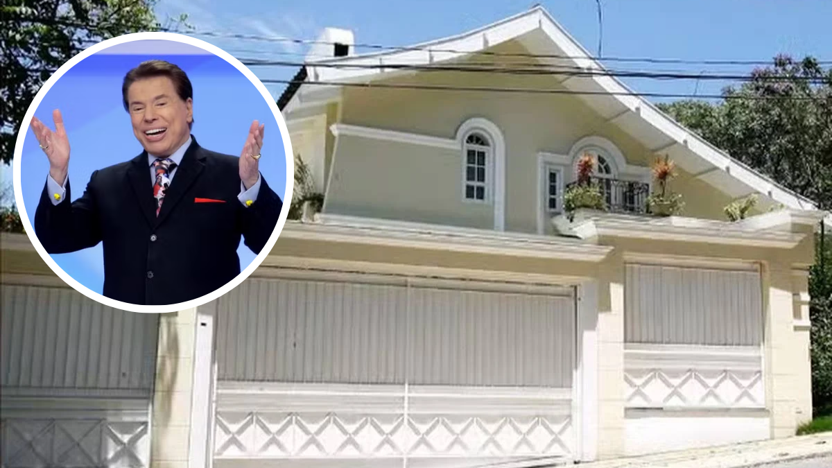 Mansão silvio santos em São Paulo (SP), com fachada e portão branco ao fundo, enquanto um recorte circular mostra um apresentador em estúdio, sugerindo relato sobre possível invasão à casa.