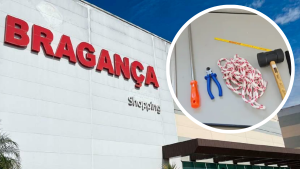 Tentativa de furto em Bragança: homem preso escondido no teto de shopping, com ferramentas e corda exibidas em imagem circular ao lado da fachada “Bragança Shopping”.