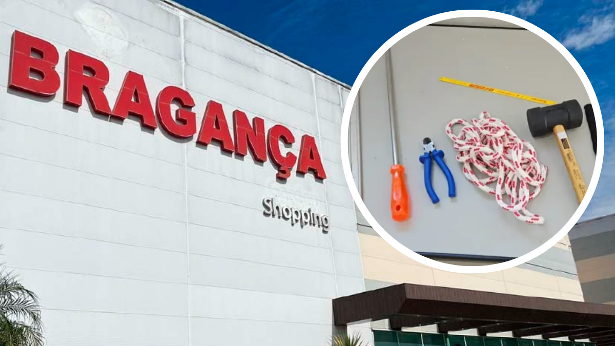 Tentativa de furto em Bragança: homem preso escondido no teto de shopping, com ferramentas e corda exibidas em imagem circular ao lado da fachada “Bragança Shopping”.