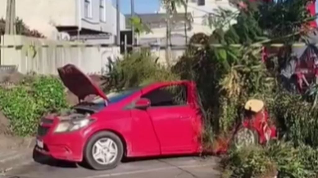 Árvore cai sobre carro em Itanhaém: carro vermelho com a frente destruída após queda de árvore na rua do litoral de São Paulo