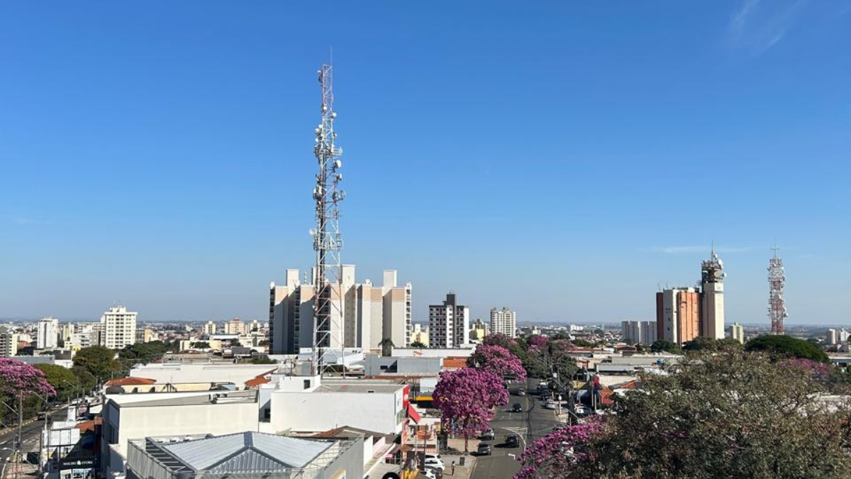 Vista panorâmica da cidade de Campinas com torres e prédios ao fundo, céu azul e árvores floridas ao primeiro plano, em imagem usada para anunciar Feriado em Campinas: veja o que abre e fecha no Dia do Evangélico 2026.