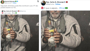 Montagem Lula Maduro em print de rede social com imagem de Lula e a expressão de comparação publicada por deputado aliado de Trump, segurando garrafa com rótulo “51 Cachaça”.