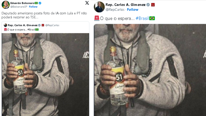 Montagem Lula Maduro em print de rede social com imagem de Lula e a expressão de comparação publicada por deputado aliado de Trump, segurando garrafa com rótulo “51 Cachaça”.